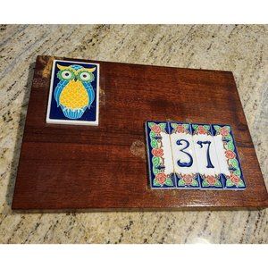 Vintage Owl Flowers #37 Colorful Tiles Wooden House Number Plaque. Handmade
